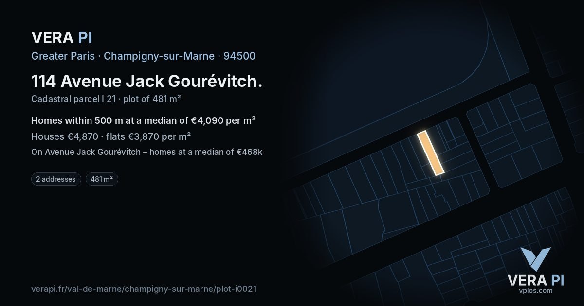 114 Avenue Jack Gourévitch, Champigny-sur-Marne at night – the plot lit, the parcels around coloured by the prices near them