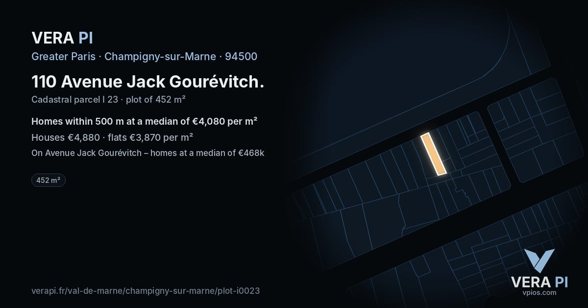 110 Avenue Jack Gourévitch, Champigny-sur-Marne at night – the plot lit, the parcels around coloured by the prices near them