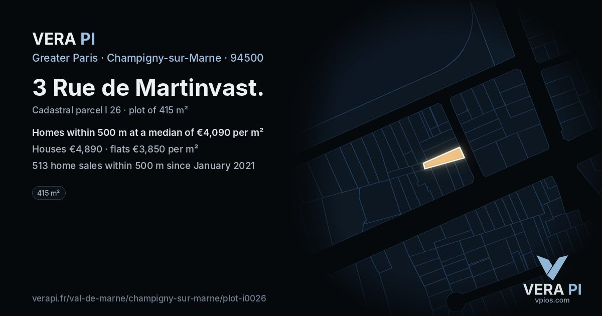 3 Rue de Martinvast, Champigny-sur-Marne at night – the plot lit, the parcels around coloured by the prices near them