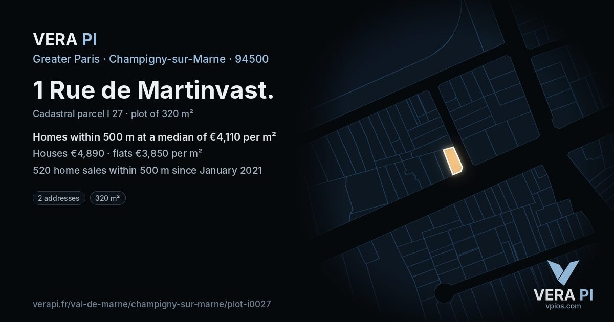 1 Rue de Martinvast, Champigny-sur-Marne at night – the plot lit, the parcels around coloured by the prices near them