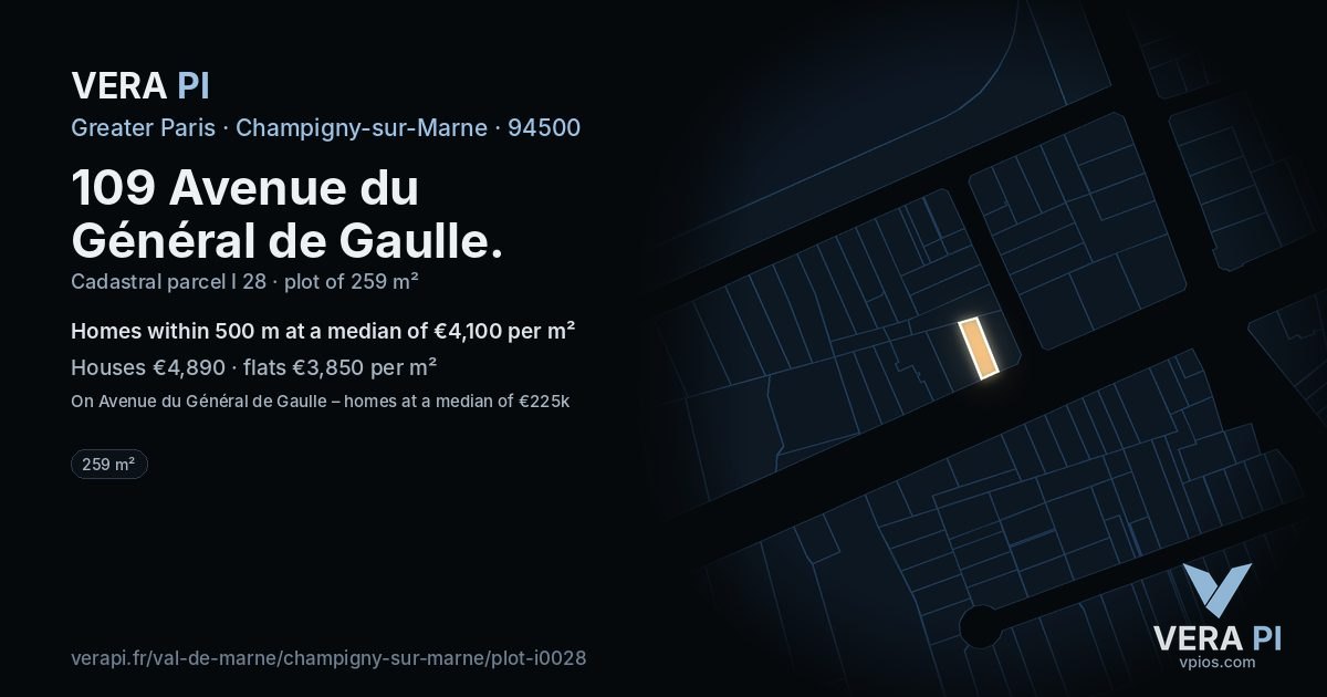 109 Avenue du Général de Gaulle, Champigny-sur-Marne at night – the plot lit, the parcels around coloured by the prices near them