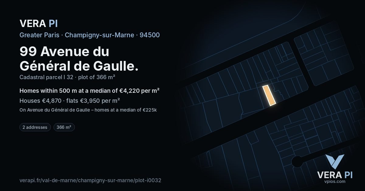 99 Avenue du Général de Gaulle, Champigny-sur-Marne at night – the plot lit, the parcels around coloured by the prices near them
