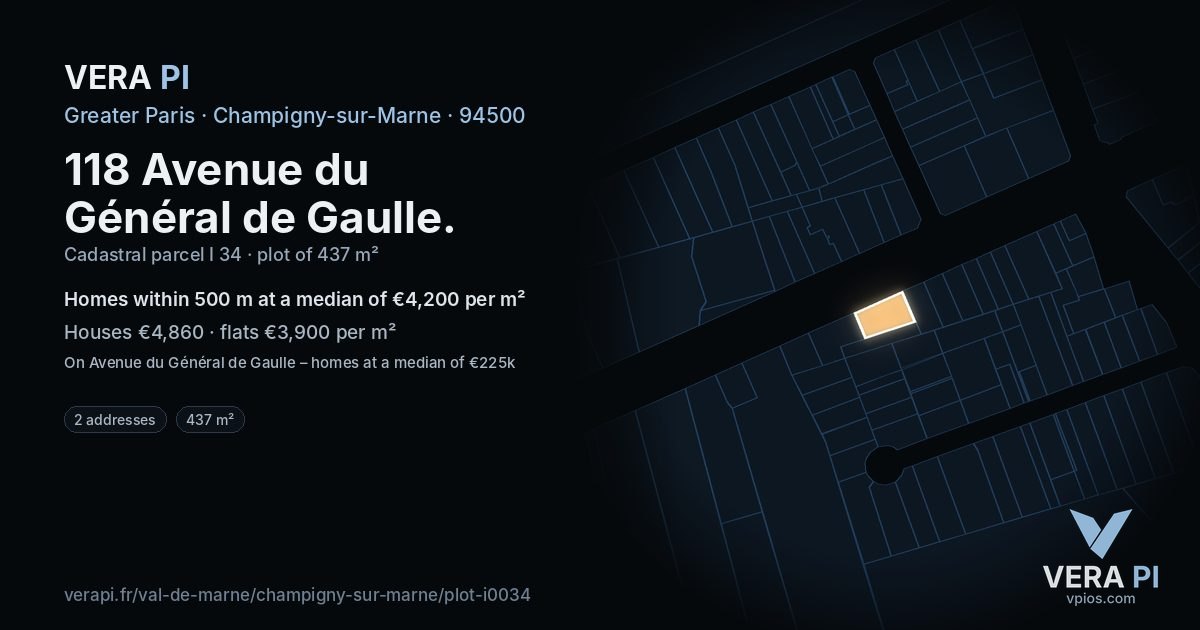 118 Avenue du Général de Gaulle, Champigny-sur-Marne at night – the plot lit, the parcels around coloured by the prices near them