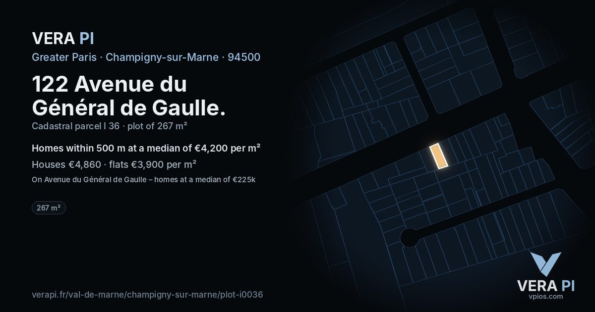 122 Avenue du Général de Gaulle, Champigny-sur-Marne at night – the plot lit, the parcels around coloured by the prices near them