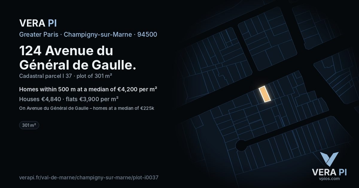 124 Avenue du Général de Gaulle, Champigny-sur-Marne at night – the plot lit, the parcels around coloured by the prices near them