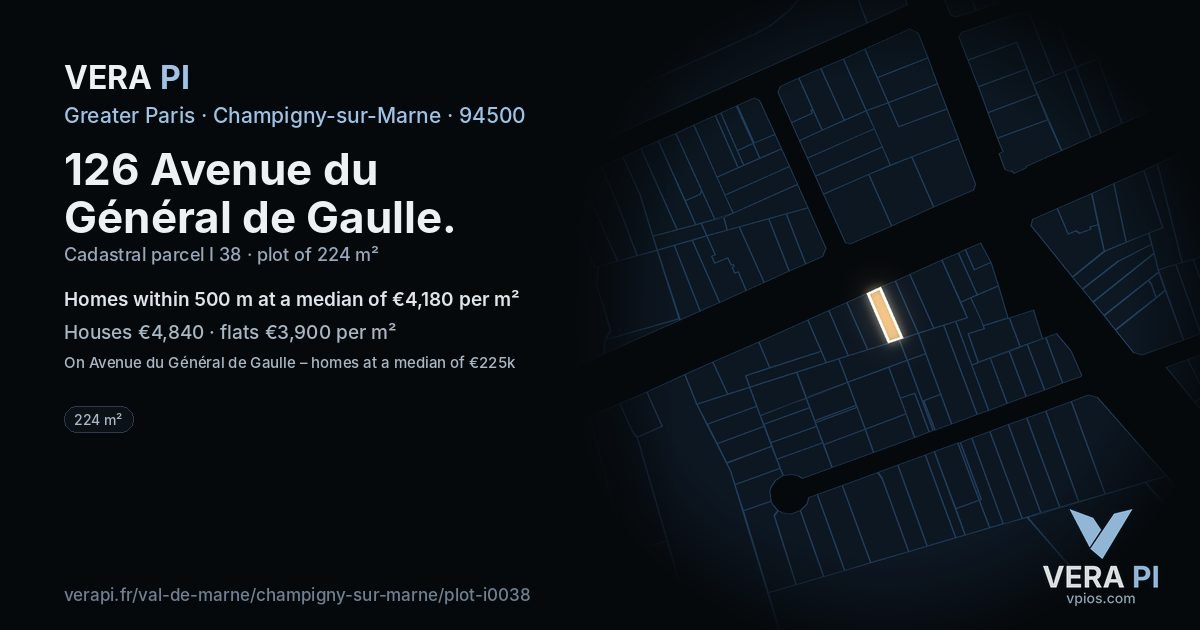 126 Avenue du Général de Gaulle, Champigny-sur-Marne at night – the plot lit, the parcels around coloured by the prices near them