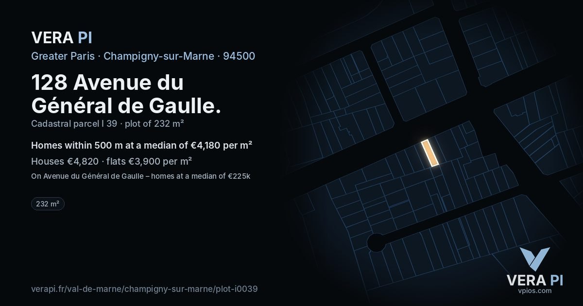128 Avenue du Général de Gaulle, Champigny-sur-Marne at night – the plot lit, the parcels around coloured by the prices near them