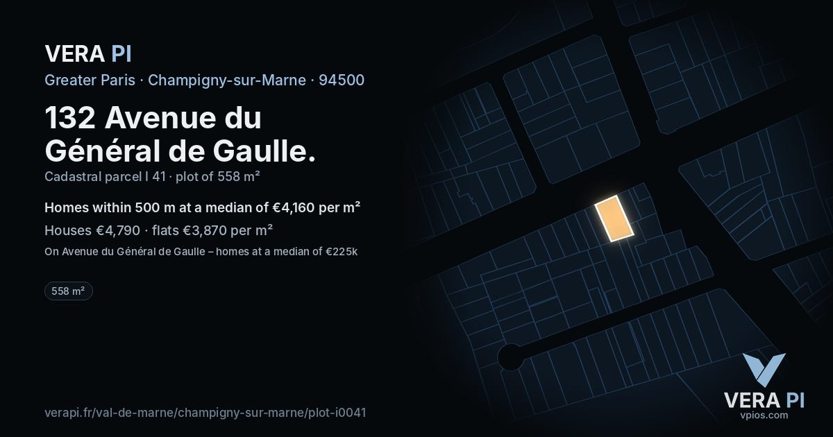 132 Avenue du Général de Gaulle, Champigny-sur-Marne at night – the plot lit, the parcels around coloured by the prices near them