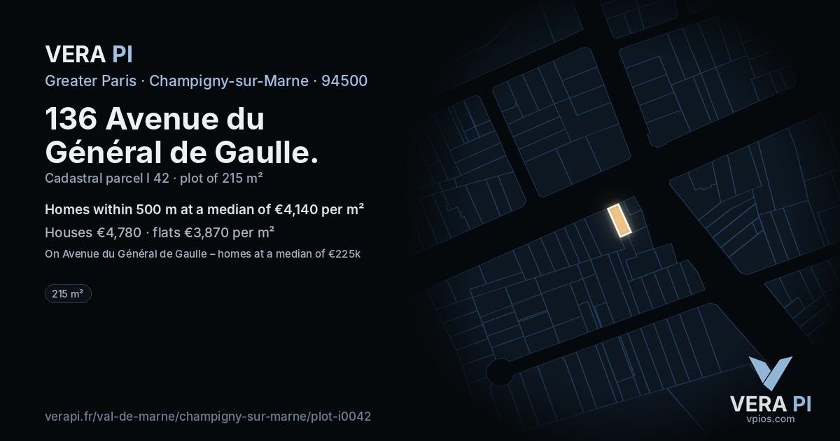 136 Avenue du Général de Gaulle, Champigny-sur-Marne at night – the plot lit, the parcels around coloured by the prices near them