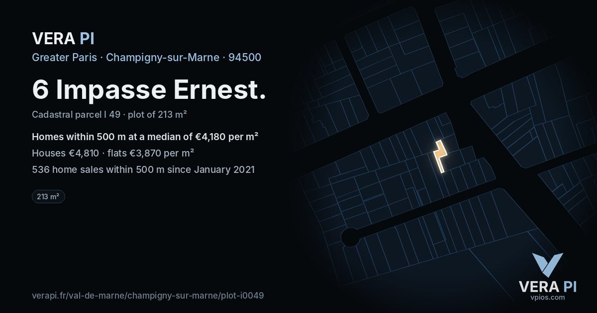 6 Impasse Ernest, Champigny-sur-Marne at night – the plot lit, the parcels around coloured by the prices near them
