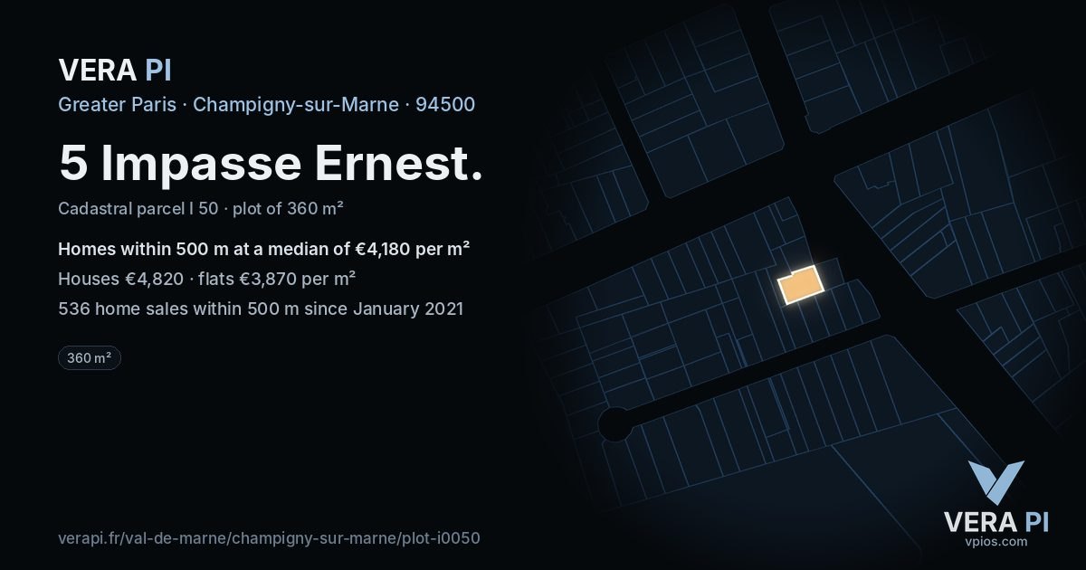 5 Impasse Ernest, Champigny-sur-Marne at night – the plot lit, the parcels around coloured by the prices near them