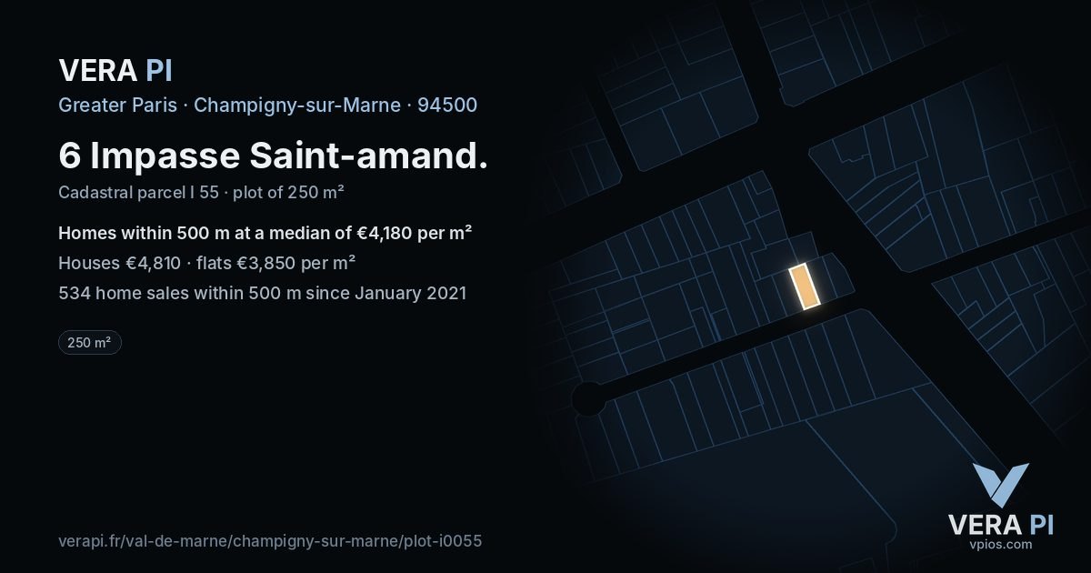 6 Impasse Saint-amand, Champigny-sur-Marne at night – the plot lit, the parcels around coloured by the prices near them