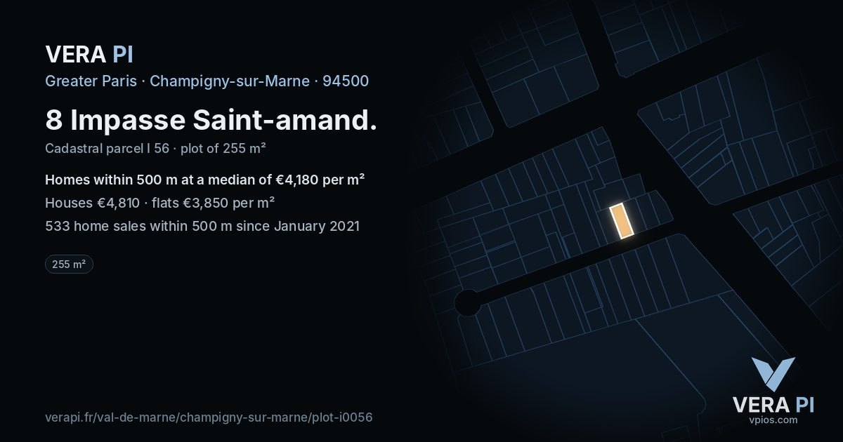 8 Impasse Saint-amand, Champigny-sur-Marne at night – the plot lit, the parcels around coloured by the prices near them