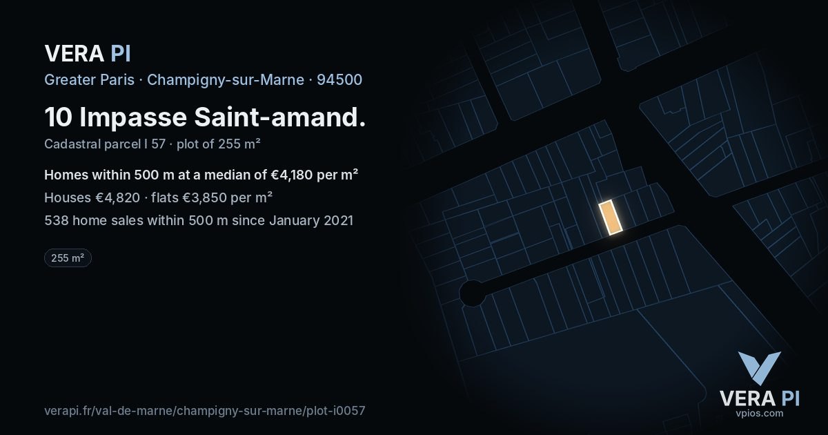 10 Impasse Saint-amand, Champigny-sur-Marne at night – the plot lit, the parcels around coloured by the prices near them