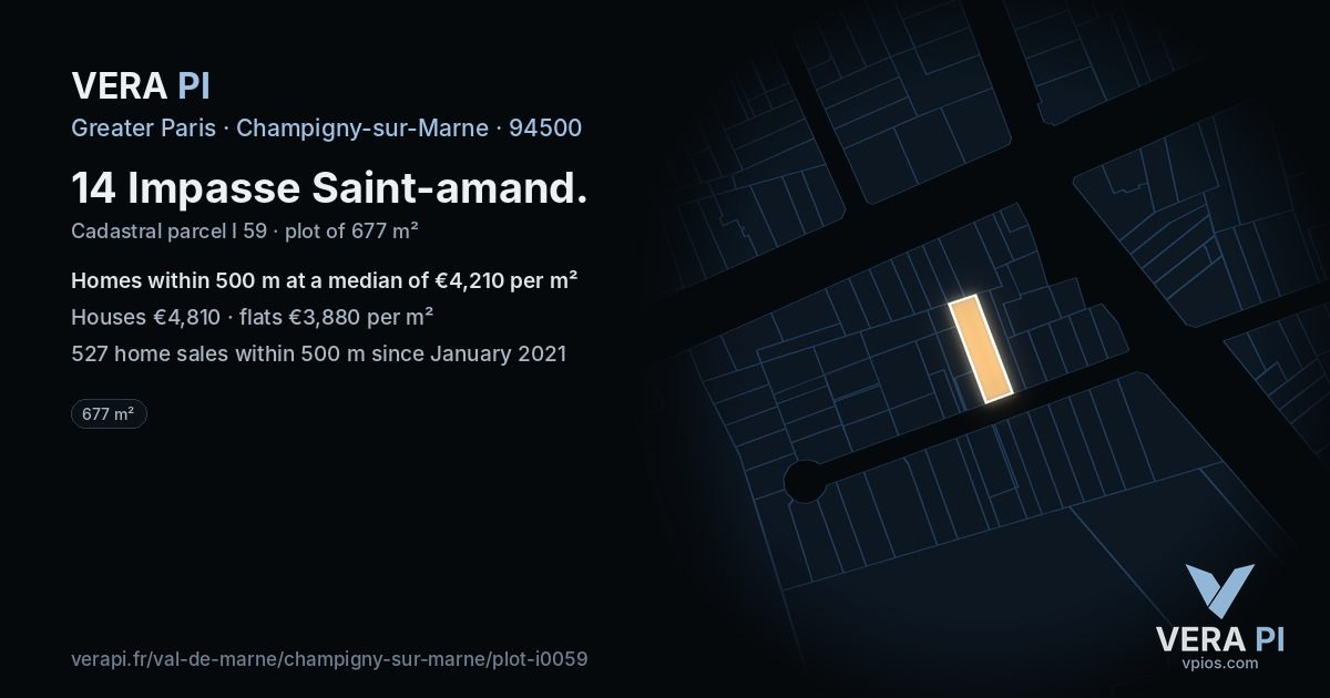 14 Impasse Saint-amand, Champigny-sur-Marne at night – the plot lit, the parcels around coloured by the prices near them