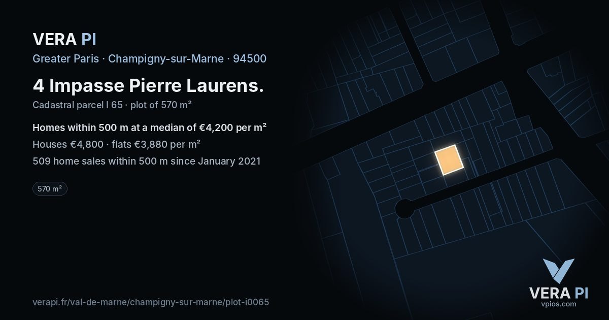 4 Impasse Pierre Laurens, Champigny-sur-Marne at night – the plot lit, the parcels around coloured by the prices near them
