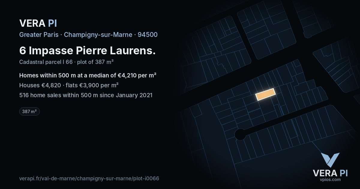 6 Impasse Pierre Laurens, Champigny-sur-Marne at night – the plot lit, the parcels around coloured by the prices near them