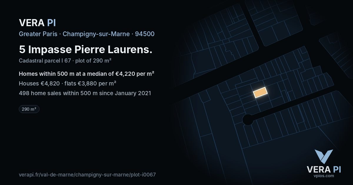 5 Impasse Pierre Laurens, Champigny-sur-Marne at night – the plot lit, the parcels around coloured by the prices near them