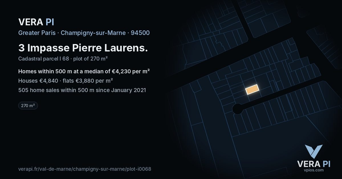 3 Impasse Pierre Laurens, Champigny-sur-Marne at night – the plot lit, the parcels around coloured by the prices near them