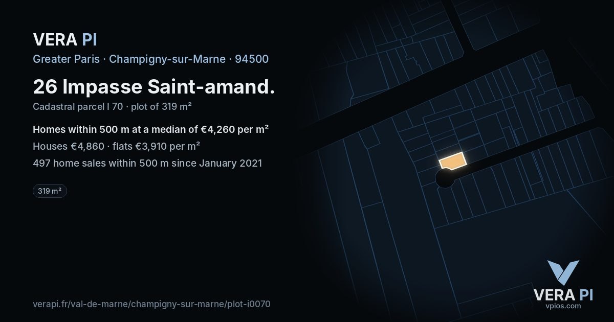 26 Impasse Saint-amand, Champigny-sur-Marne at night – the plot lit, the parcels around coloured by the prices near them