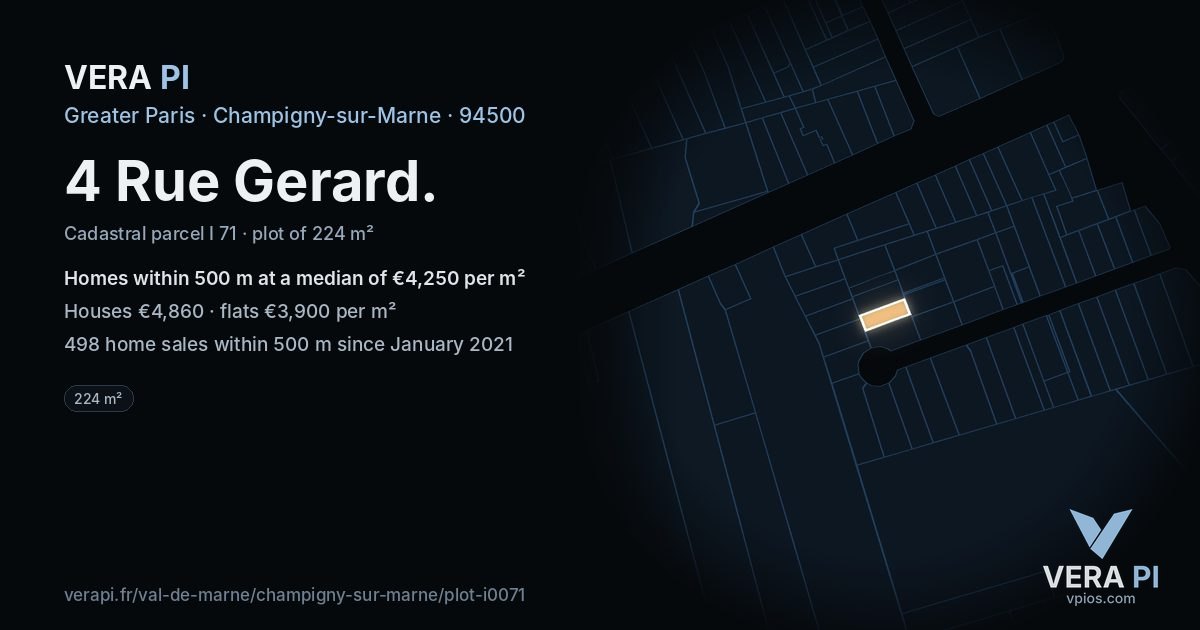 4 Rue Gerard, Champigny-sur-Marne at night – the plot lit, the parcels around coloured by the prices near them