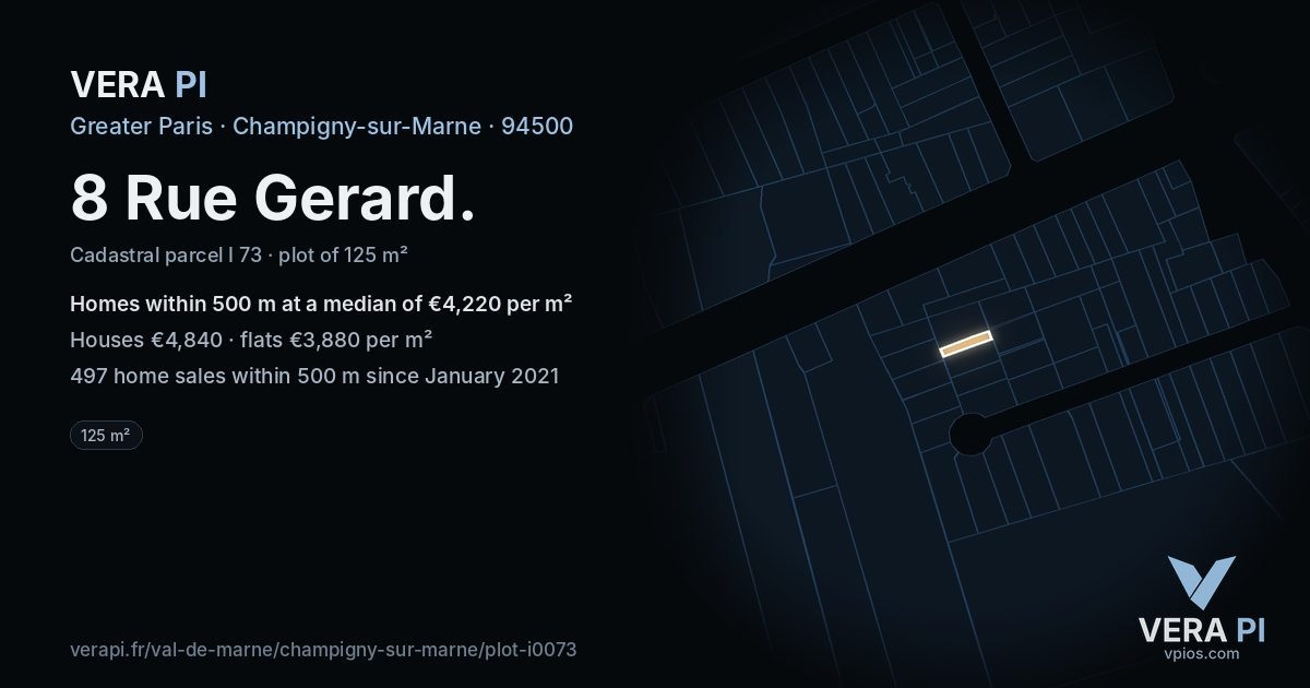 8 Rue Gerard, Champigny-sur-Marne at night – the plot lit, the parcels around coloured by the prices near them