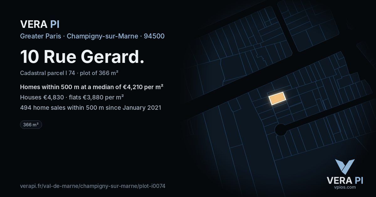 10 Rue Gerard, Champigny-sur-Marne at night – the plot lit, the parcels around coloured by the prices near them