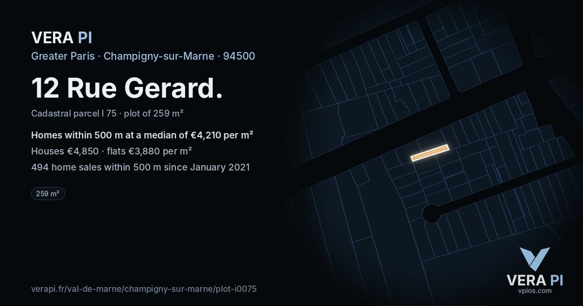 12 Rue Gerard, Champigny-sur-Marne at night – the plot lit, the parcels around coloured by the prices near them