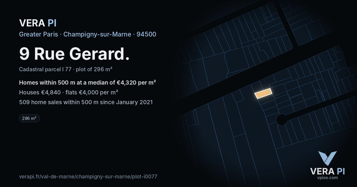 9 Rue Gerard, Champigny-sur-Marne at night – the plot lit, the parcels around coloured by the prices near them