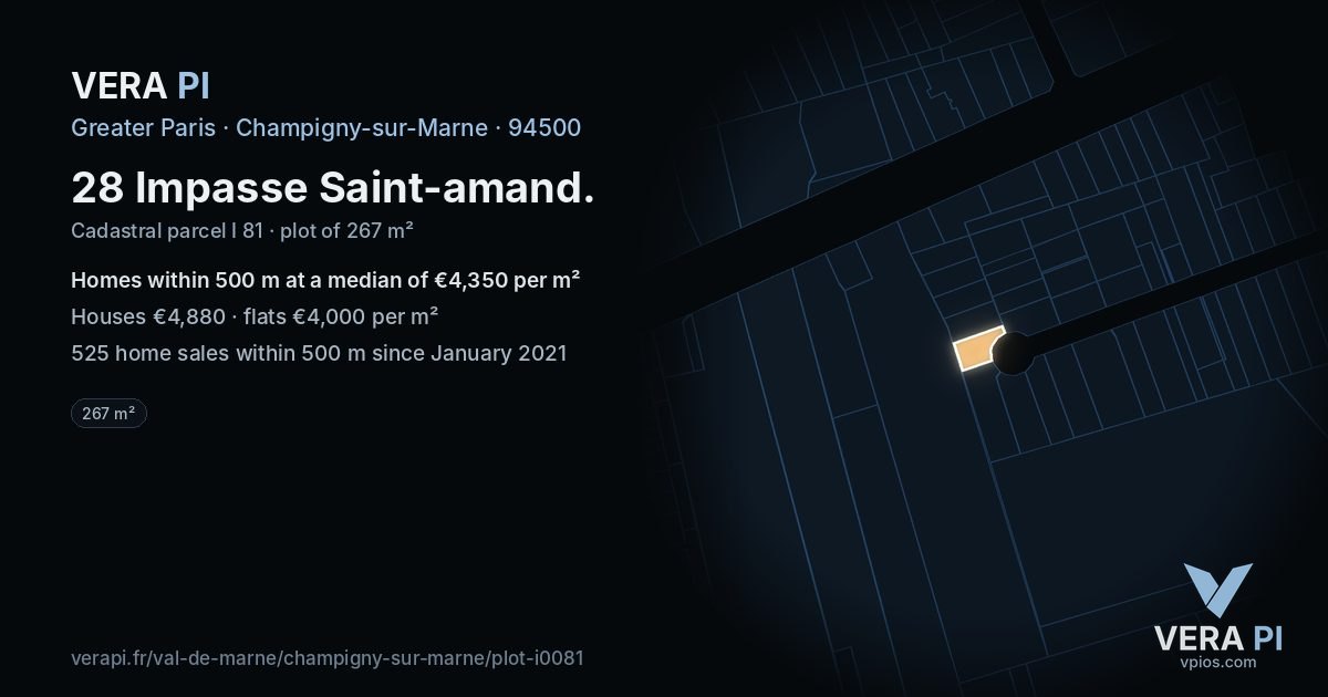 28 Impasse Saint-amand, Champigny-sur-Marne at night – the plot lit, the parcels around coloured by the prices near them