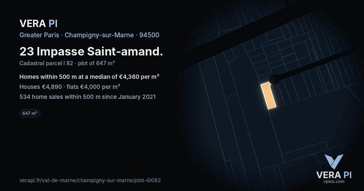 23 Impasse Saint-amand, Champigny-sur-Marne at night – the plot lit, the parcels around coloured by the prices near them