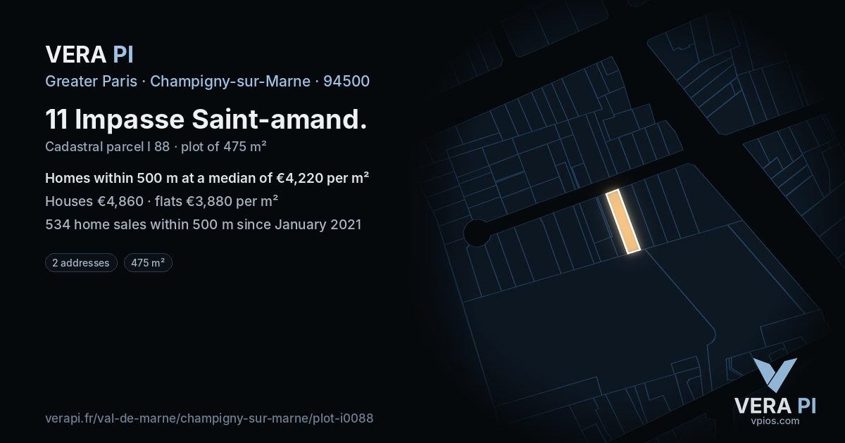 11 Impasse Saint-amand, Champigny-sur-Marne at night – the plot lit, the parcels around coloured by the prices near them