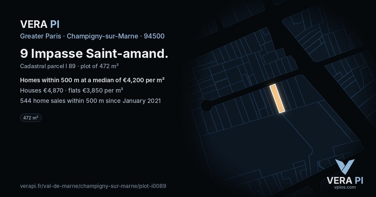 9 Impasse Saint-amand, Champigny-sur-Marne at night – the plot lit, the parcels around coloured by the prices near them