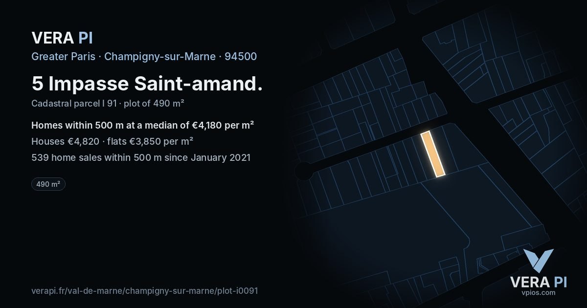 5 Impasse Saint-amand, Champigny-sur-Marne at night – the plot lit, the parcels around coloured by the prices near them