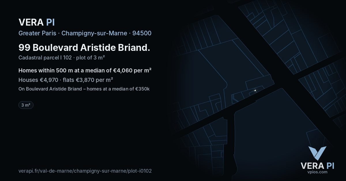 99 Boulevard Aristide Briand, Champigny-sur-Marne at night – the plot lit, the parcels around coloured by the prices near them