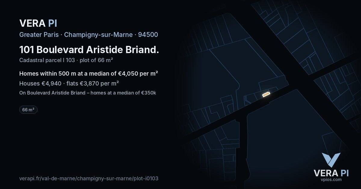 101 Boulevard Aristide Briand, Champigny-sur-Marne at night – the plot lit, the parcels around coloured by the prices near them