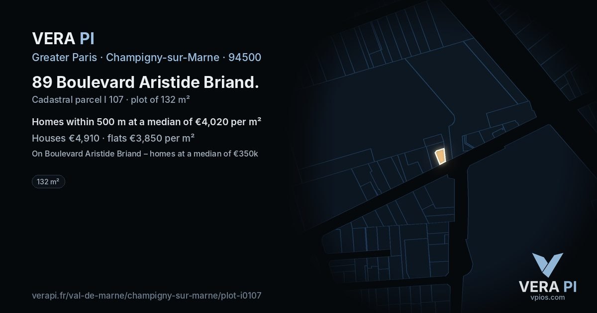 89 Boulevard Aristide Briand, Champigny-sur-Marne at night – the plot lit, the parcels around coloured by the prices near them