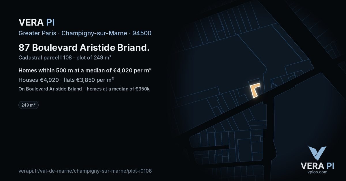 87 Boulevard Aristide Briand, Champigny-sur-Marne at night – the plot lit, the parcels around coloured by the prices near them