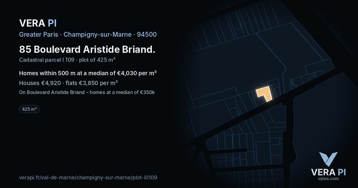 85 Boulevard Aristide Briand, Champigny-sur-Marne at night – the plot lit, the parcels around coloured by the prices near them