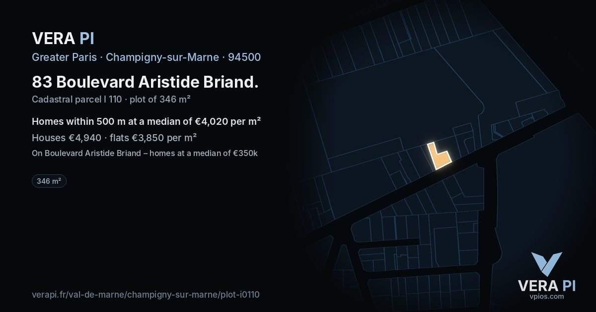 83 Boulevard Aristide Briand, Champigny-sur-Marne at night – the plot lit, the parcels around coloured by the prices near them