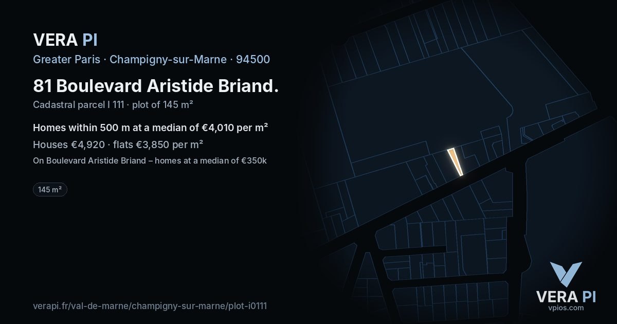 81 Boulevard Aristide Briand, Champigny-sur-Marne at night – the plot lit, the parcels around coloured by the prices near them