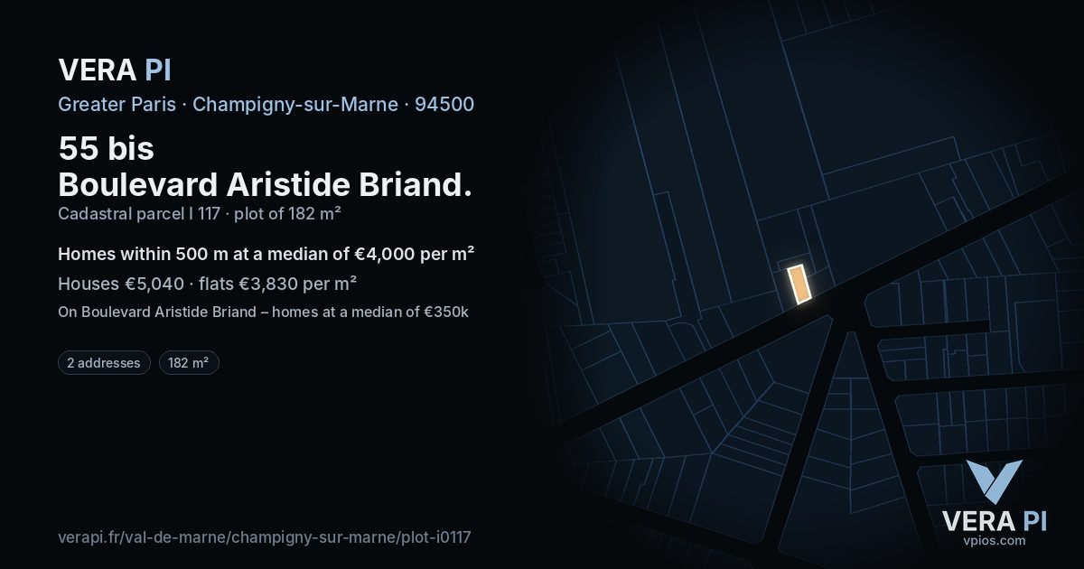 55 bis Boulevard Aristide Briand, Champigny-sur-Marne at night – the plot lit, the parcels around coloured by the prices near them