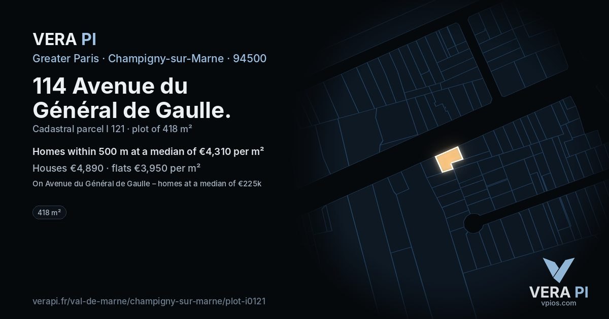 114 Avenue du Général de Gaulle, Champigny-sur-Marne at night – the plot lit, the parcels around coloured by the prices near them