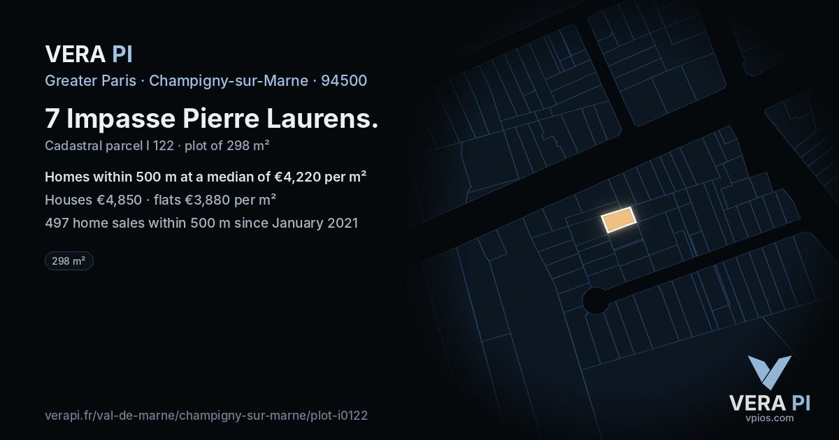 7 Impasse Pierre Laurens, Champigny-sur-Marne at night – the plot lit, the parcels around coloured by the prices near them