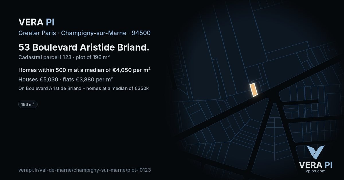 53 Boulevard Aristide Briand, Champigny-sur-Marne at night – the plot lit, the parcels around coloured by the prices near them