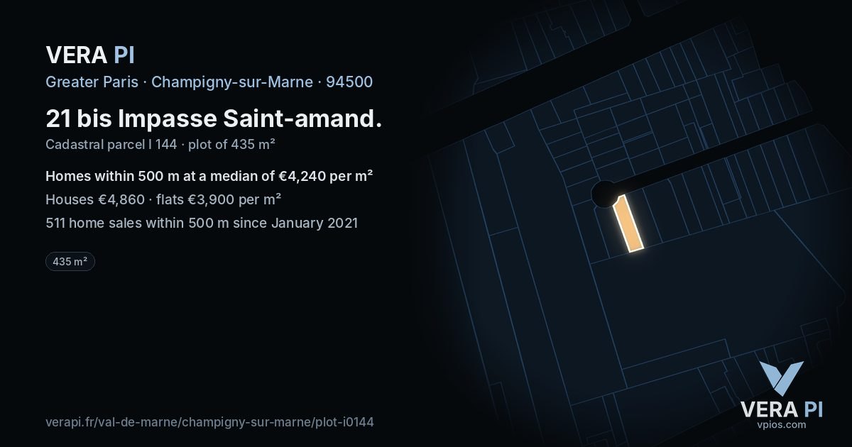 21 bis Impasse Saint-amand, Champigny-sur-Marne at night – the plot lit, the parcels around coloured by the prices near them