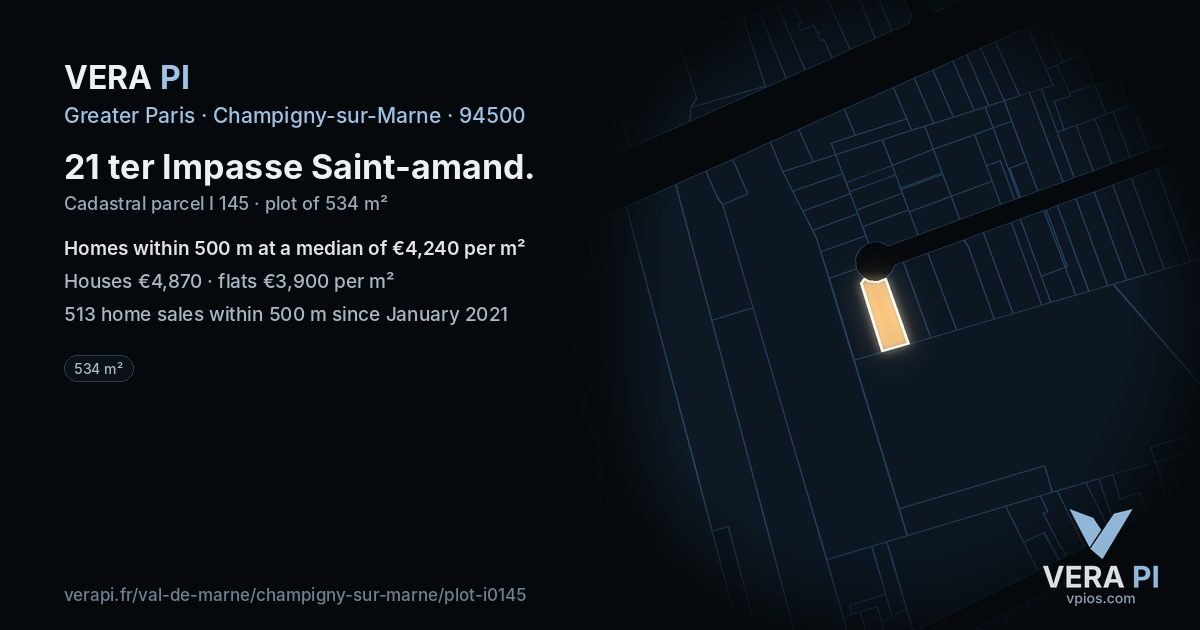 21 ter Impasse Saint-amand, Champigny-sur-Marne at night – the plot lit, the parcels around coloured by the prices near them