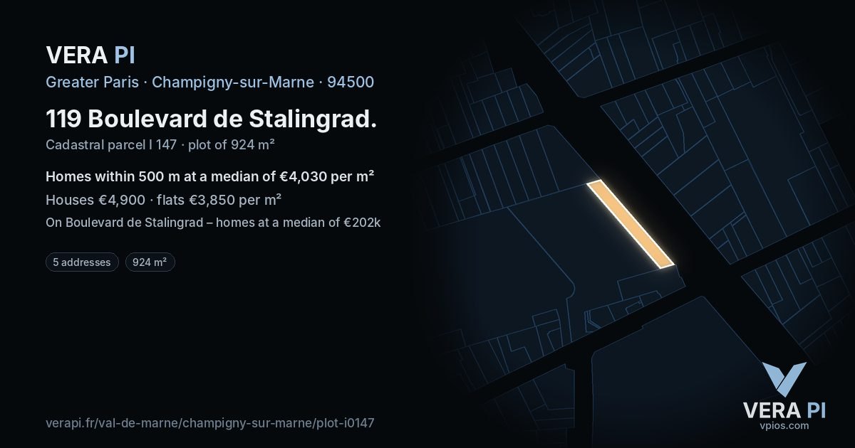 119 Boulevard de Stalingrad, Champigny-sur-Marne at night – the plot lit, the parcels around coloured by the prices near them