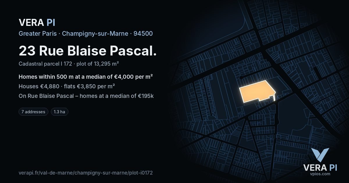 23 Rue Blaise Pascal, Champigny-sur-Marne at night – the plot lit, the parcels around coloured by the prices near them