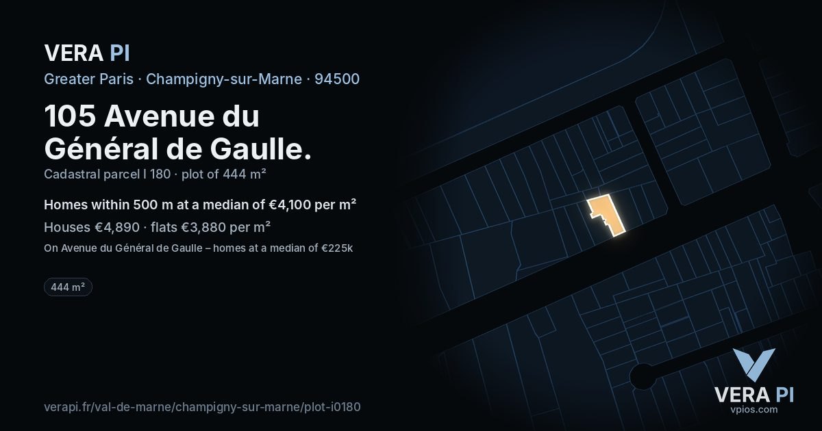 105 Avenue du Général de Gaulle, Champigny-sur-Marne at night – the plot lit, the parcels around coloured by the prices near them